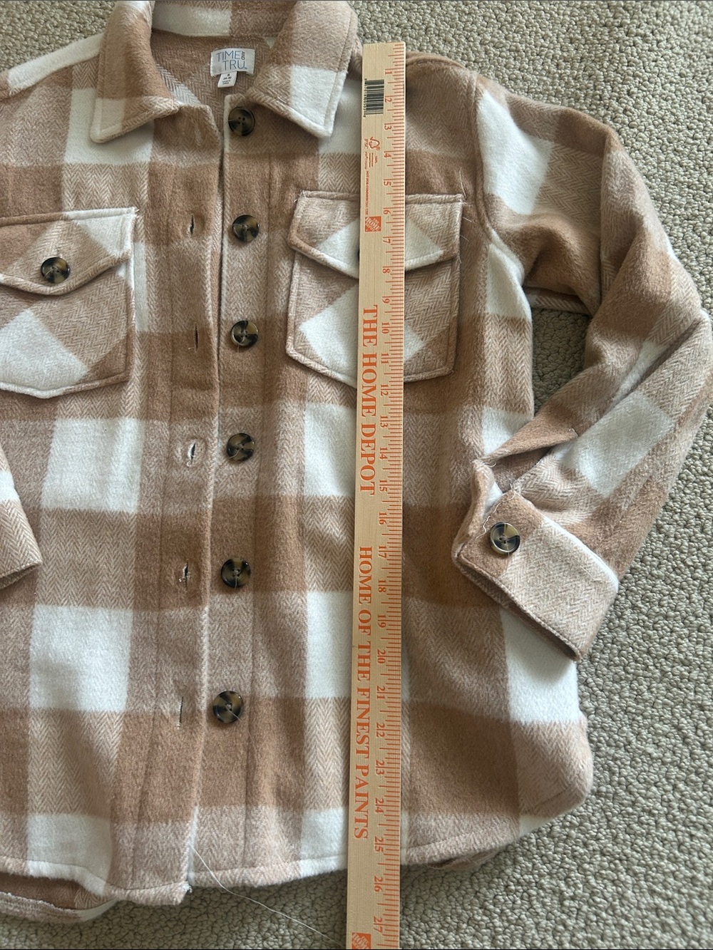 Time and Tru Tan and White Plaid Button-Up Shacket - Picture 2 of 5